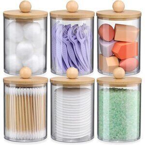 Bamboo Bathroom Storage Jars for Cotton Swabs Balls Pads Floss 6 Pack Set
